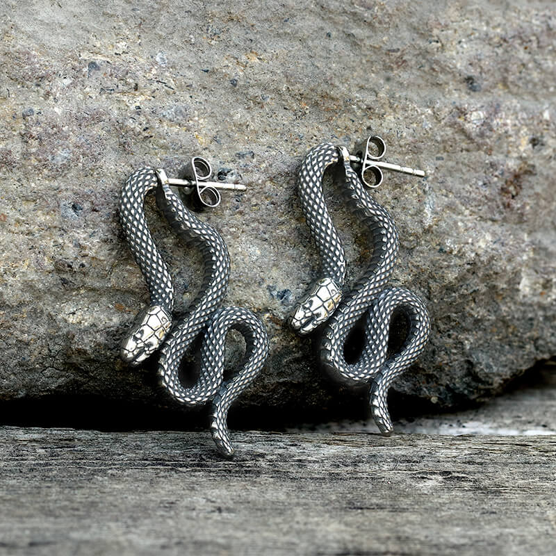  Gothic Coiled Snake Earrings Silver Finish Drop Dangle