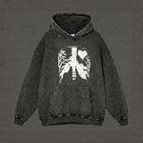 Gothic Heart Skeleton Pattern Vintage Washed Hoodie | Gthic.com