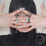 Vintage Malachite Inlaid Stainless Steel Gemstone Ring