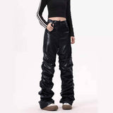 Street Pleated Stacked Slim Straight Pu Leather Pants