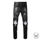 American-Style Patched Slim-Fit Biker Skinny Jeans