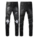 American-Style Patched Slim-Fit Biker Skinny Jeans