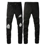 American-Style Patched Slim-Fit Biker Skinny Jeans | Gthic.com