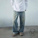 American High Street Ink-Splashed Distressed Wide-Leg Jeans