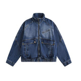 American Retro Distressed Stand-Up Collar Denim Jacket | Gthic.com