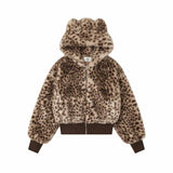 American Retro Leopard Ear Hooded Zip Fleece Jacket | Gthic.com