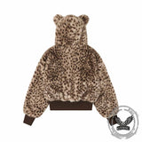 American Retro Leopard Ear Hooded Zip Fleece Jacket