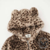 American Retro Leopard Ear Hooded Zip Fleece Jacket