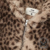 American Retro Leopard Ear Hooded Zip Fleece Jacket