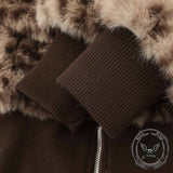 American Retro Leopard Ear Hooded Zip Fleece Jacket
