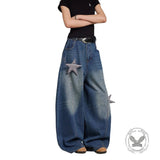 American Retro Star-Decorated Washed Distressed Scimitar Jeans