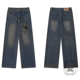 American Street Hip-Hop Spider Print Wide-Leg Jeans
