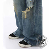 American Style Distressed Dirty-Dyed Wide-Leg Jeans