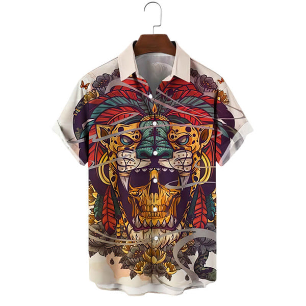 Aztec Jaguar Warrior Skull Polyester Men's Shirt | Gthic.com