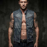 Biker Stand Collar Zipper Cotton Denim Vest | Gthic.com