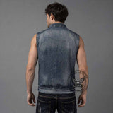 Biker Stand Collar Zipper Cotton Denim Vest | Gthic.com
