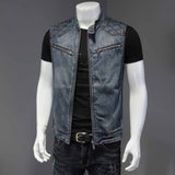 Biker Stand Collar Zipper Cotton Denim Vest | Gthic.com