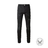 Black Distressed Patch Slim-Fit Skinny Jeans