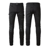 Black Distressed Patch Slim-Fit Skinny Jeans | Gthic.com