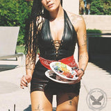 Black Halter Lace-up Cut-out Crop Top | Gthic.com