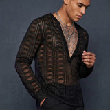 Black Sheer Fishnet V-Neck Hollow Long-Sleeve Top | Gthic.com