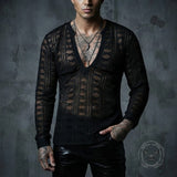 Black Sheer Fishnet V-Neck Hollow Long-Sleeve Top | Gthic.com