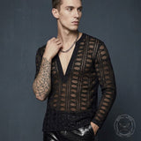 Black Sheer Fishnet V-Neck Hollow Long-Sleeve Top | Gthic.com