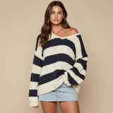 Casual Loose Striped Off-Shoulder Knit Sweater | Gthic.com