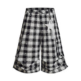 Casual Preppy-Style Star-Print Plaid Wide-Leg Shorts