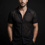 Casual Sheer Cutout Lace Short-Sleeve Lapel Shirt | Gthic.com