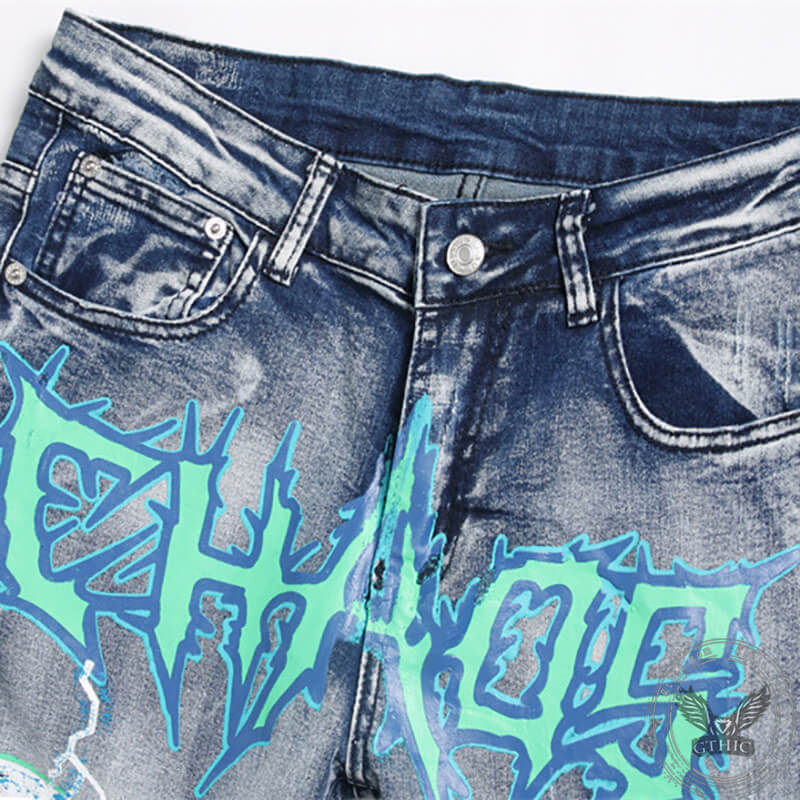 Mens Punk Vintaged Skull Graffiti Print Ripped Denim Jeans 
