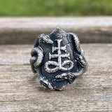 Coiled Snake Leviathan Cross Sterling Silver Ring | Gthic.com