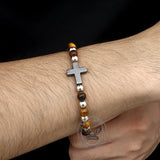 Cross Natural Tiger's-eye Beads Hematite Stainless Steel Bracelet | Gthic.com