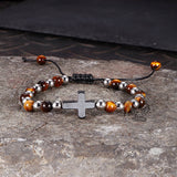 Cross Natural Tiger's-eye Beads Hematite Stainless Steel Bracelet