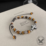 Cross Natural Tiger's-eye Beads Hematite Stainless Steel Bracelet | Gthic.com