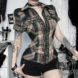 Dark Cross Design Check Zip-Up Short Sleeve Shirt 01 | Gthic.com