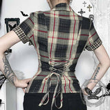 Dark Cross Design Check Zip-Up Short Sleeve Shirt 02 | Gthic.com