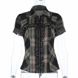 Dark Cross Design Check Zip-Up Short Sleeve Shirt 03 | Gthic.com