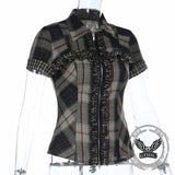Dark Cross Design Check Zip-Up Short Sleeve Shirt