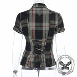Dark Cross Design Check Zip-Up Short Sleeve Shirt