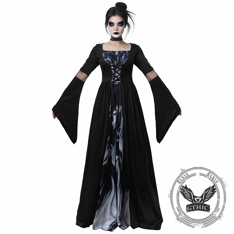long black witch dress Velvet Dress: Celestial Stars, Chiffon Sleeves It is time to make some magic Black Gothic Witch Dress Larp