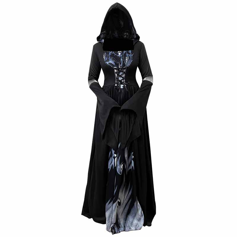 Dark Gothic Hooded Dress Black Witch Halloween Costume, Black / 2XL (Bust 110 cm) Dark Gothic Hooded Dress Black Witch Halloween Costume, Black / 2XL (Bust 110 cm)