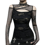 Dark Style Sexy Slim Mesh Hole Long Sleeve Top