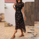 Women's Gothic Retro Dark Yellow Rose Mesh Double Layer Irregular Dress