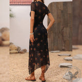 Women's Gothic Retro Dark Yellow Rose Mesh Double Layer Irregular Dress