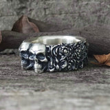 Double Skull Rose Vine Sterling Silver Ring | Gthic.com