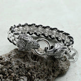 Double Wolf Head Buckle Stainless Steel Braided Bracelet | Gthic.com