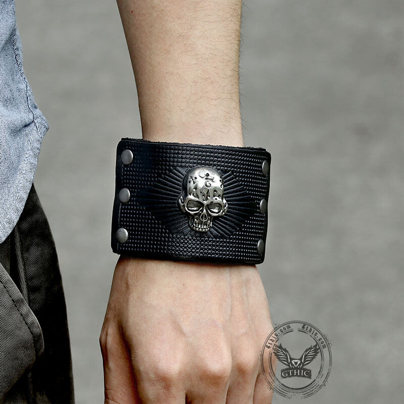 Balaijor Skull Leather Bracelet - Adjustable Hip Hop Cuff Bracelet For Men & Women