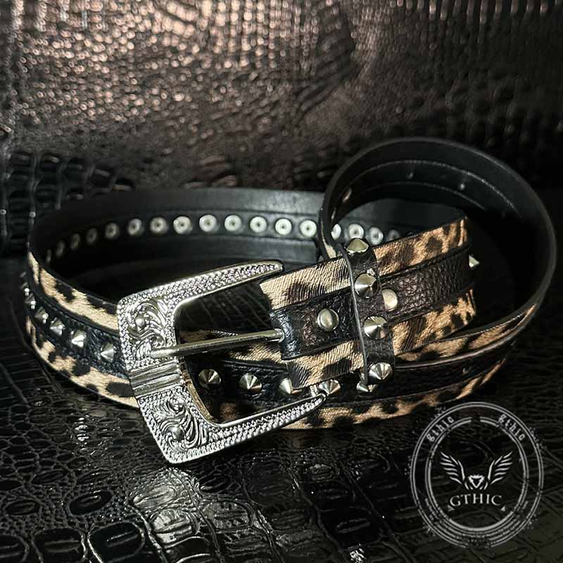 Fashion Leopard Print Rivet Splicing PU Leather Belt – GTHIC display picture 1