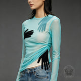 Fashion Mesh Splice Palm Pattern Crop Top